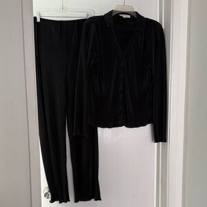 Black Ribbed Two-Piece Set - Button Front Top & Matching Pants
